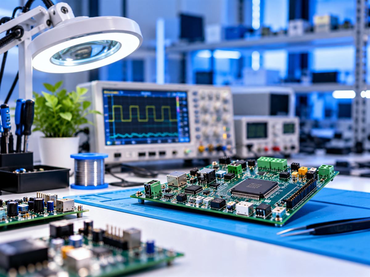 Circuit board on a lab bench with an oscilloscope and magnifier lamp