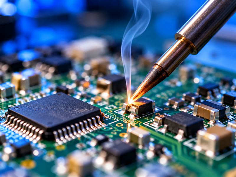 Soldering iron tip on a circuit board component