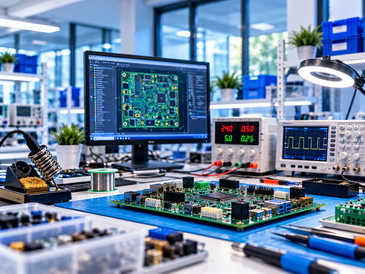 Modern electronics lab bench with PCB design software and test equipment